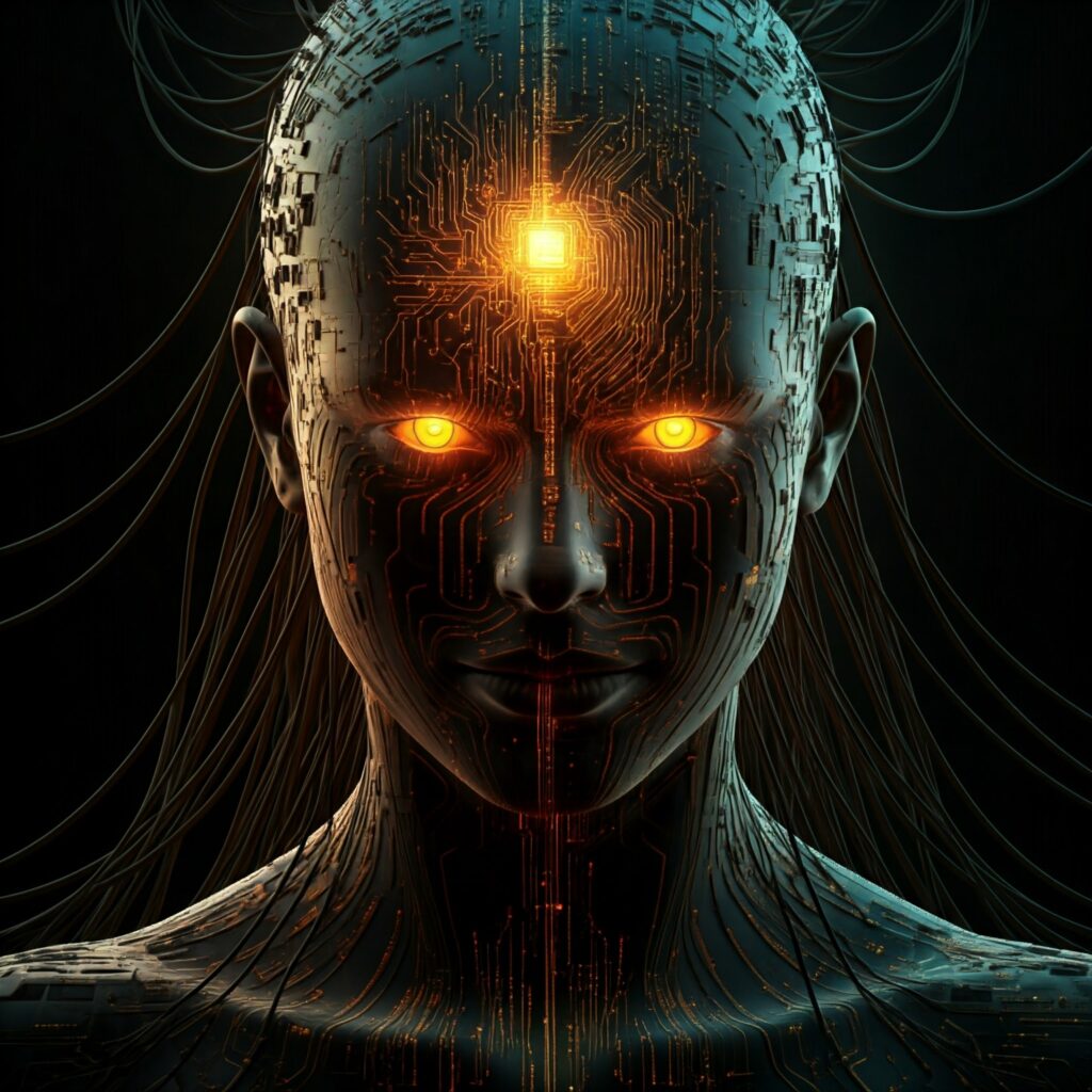 A digital art piece depicting a human consciousness connected to a network of wires and microchip